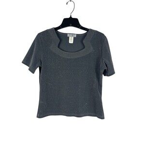 CINQ Womens L Gray Metallic Shimmer Top Notched Scoop Neck Stretch Y2K Grunge